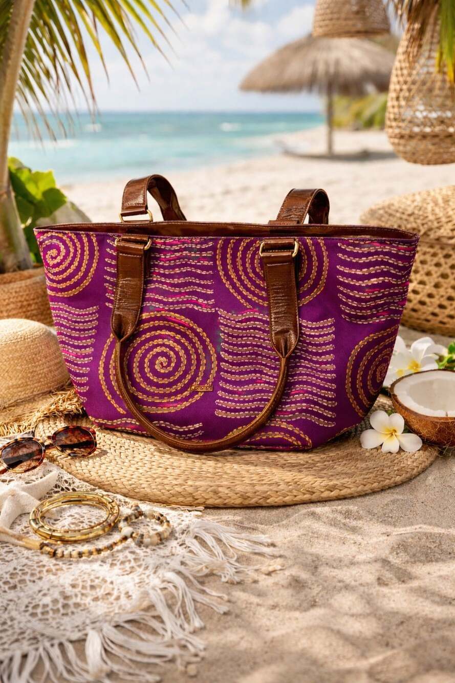 Abbi New York Purple Spiral Pattern Large Tote Bag